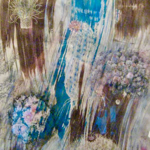 Knowing Cactus #4-Toward Separation by Susan Detroy  Image: This piece is a great mix of cyanotype and van dyke brown historic printing, blended with transfers, ink and water color. It is a delicate Deckled edged print, exploring the beauty of cactus plants. The print is available framed. If interested in unframed the price is $225. 