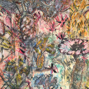 Dreaming Wild by Susan Detroy  Image: "Dreaming Wild" is one of a limited number of pieces using cactus as a theme. Cactus plants inspire me with their diversity of form and splendid flowers. This artworks is a transfer print mixing multiple artistic techniques.  Each print is one of a kind, unique artwork, worshipping the wonder of plants in our earthly existence.