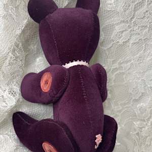 Velveteen Sachet Bear, Medium, Royal Red, Pink Bow, Jointed by Susan Detroy 