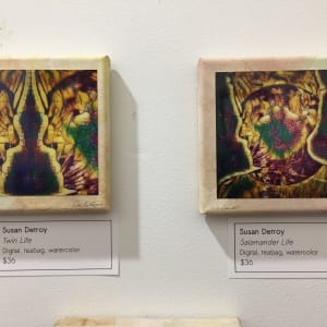 Salamander: Evolution by Susan Detroy  Image: Side by side at Whiteaker Printmaker Exhibit,  Similar piece on left is sold. 