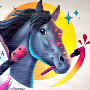 Be Herd by Julia Williams, The Designosaur  Image: Close up of right-hand side of mural: horse with paintbrush 