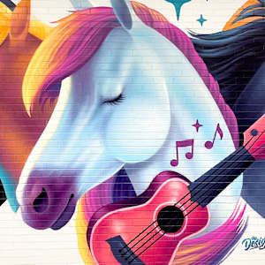 Be Herd by Julia Williams, The Designosaur  Image: Close up of center section of mural: horse with guitar