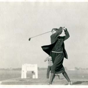Art Outside the Box Take 2: Pomona and Silver Strand by Jasmine Lo, Rebekka Siqueiros  Image: A woman golfer swings at her tee at the Coronado Country Club. 1922. Coronado Historical Association Collection. Rights reserved. 