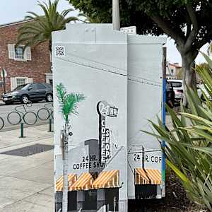 Art Outside the Box Take 2: 10th and Orange by Mason Dean, Juniper Clark  Image: Clayton’s during its previous iteration as 24 Hr. Coffee Shop. c. 1950. Coronado Historical Association Collection. Rights reserved.