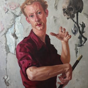 Self portrait with skull and cane by Albertus Gerardus Knupker