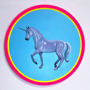 Grey Pink Unicorn on Blue by Colleen Critcher
