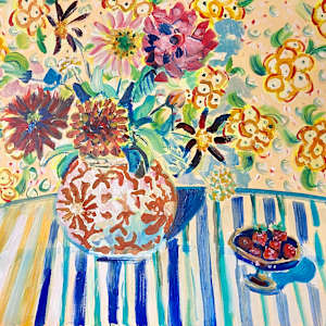 Sunday Strawberries on a Blue Striped Cloth by Angie Porter, Image 1.