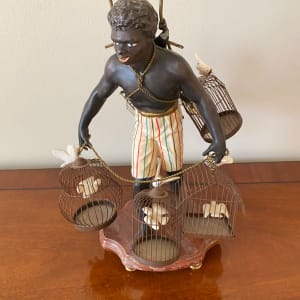 Metal Blackamoor on Wood Plinth, Carrying Birdcages, Image 1.