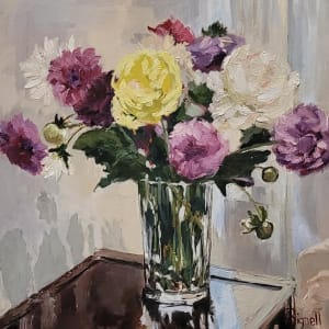 Dalhias in glass vase by Kathleen Bignell