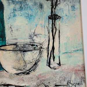Turquoise Bottle Amid Blush Hues by Kathleen Bignell 