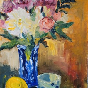 Garden Flowers in Blue Vase by Kathleen Bignell