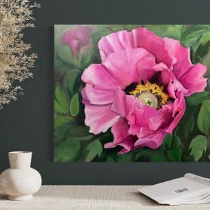 Pink Rockii Peony by Nicola Currie  Image: Painting in setting without frame