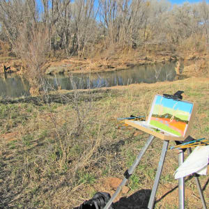 River's Dance at Verde River at Rezzonico Family Park, Camp Verde, Arizona by Mary Rush  Image: In process Plein air painting at the river.