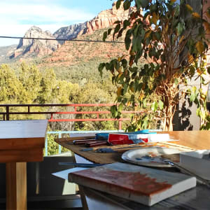 View from Creekside Coffee Shop, Sedona by Mary Rush  Image: In process at Creekside Coffee Shop in Sedona, Arizona