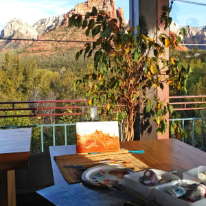View from Creekside Coffee Shop, Sedona by Mary Rush  Image: The final painting at Creekside Coffee Shop in Sedona, Arizona