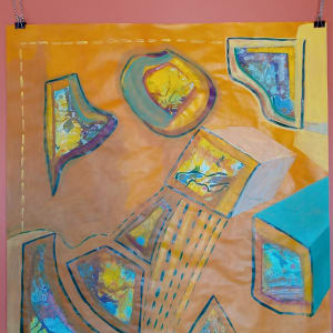 The Sum of the Parts by Mary Rush  Image: The painting hanging on the wall with large metal clips.