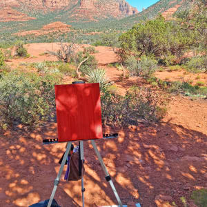 Yavapai Vista, Sedona, Arizona by Mary Rush  Image: I began with a red-orange background to accentuate the red rock glow.