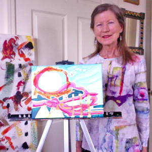 Collage Exploration on 9 x 12 Canvas #4 - Village Boardwalk by Mary Rush  Image: Me with my painting