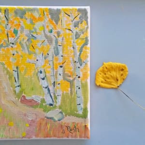 Yellow Aspens in Flagstaff, Arizona by Mary Rush  Image: The painting with an aspen leaf I brought home from the trail in Flagstaff.