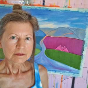 Road to Shambala by Mary Rush  Image: Artist, Mary Rush, in front of Road to Shambala