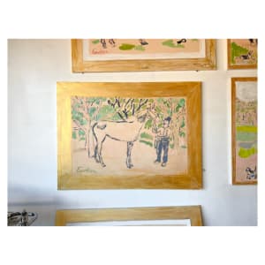 Horse Painting with Man in Hat (Wide Gold Frame) by Anne-Louise Ewen 