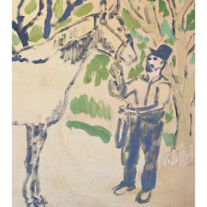 Horse Painting with Man in Hat (Wide Gold Frame) by Anne-Louise Ewen 
