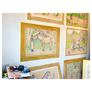 Horse Painting with Lady in Hat (Wide Gold Frame) by Anne-Louise Ewen 