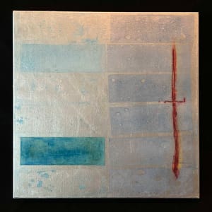 BLUE TRACES, WARM RED, WHITE FIELD AND SILVER WITH BLUE RECTANGLES by Maria Cerro 