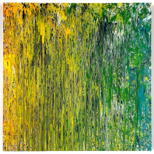 Raining Rainbows:  Primary Colors and Beyond Triptych by Lisa Marie Studio  Image: “Raining Rainbow” yellow middle canvas 