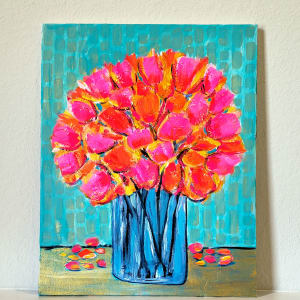 Pink Flowers in a Glass Vase 2022 by Jo Claire Hall 