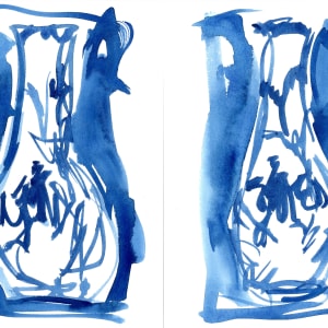 "Time stands still" by JJ Hogan  Image: Pair of abstract Chinoiserie-inspired blue and white watercolor; black wood frames, matted under glass.
