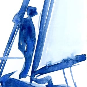 Courageously face your obstacles head on by JJ Hogan  Image: Sailing-inspired blue and white watercolor; driftwood grey gallery frame, matted under glass. 