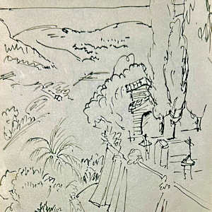 "St. Paul de Vence: View of the Cemetery, Sketch" named by CLL aka "Looking South from St. Paul de Vence" by Fred Shane, Image 1.