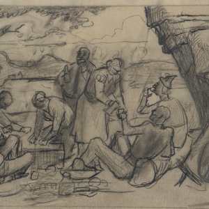 "Picnic: Lake of the Ozarks, Eldon Post Office Mural" Preliminary Design Sketch by Fred Shane, Image 1.