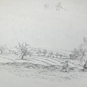 "Hay Making at the Evangelische Akadamie, Bad Boll, Germany" sketch for painting by Fred Shane, Image 1.