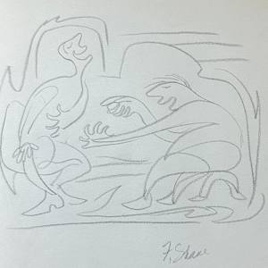 "Two Men Laughing in Conversation" Automatic Drawing, named by CLL by Fred Shane, Image 1.