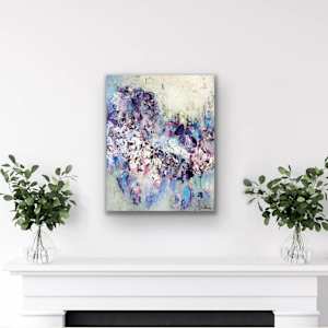Sapphire Sky by Shirley Williams  Image: Sapphire Sky painting shown hung over fireplace