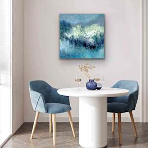 Cerulean Meadow by Shirley Williams  Image: Cerulean Meadow painting shown in blue dining room