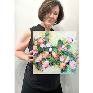 Chromatic Landscape 3 by Shirley Williams  Image: Artist Shirley Williams holding Chromatic Landscape 3 for scale