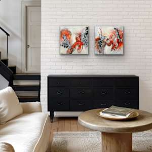 Coral Flow by Shirley Williams  Image: Coral Flow diptych shown over a side table