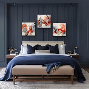 Coral Rhythm by Shirley Williams  Image: series of three Coral canvases shown over a bed
