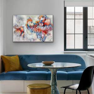 Crimson Bloom by Shirley Williams  Image: Crimson Bloom painting shown hung over blue sofa