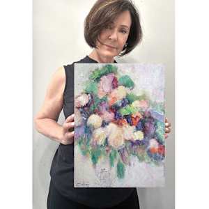 Flower Power Study 3 by Shirley Williams  Image: Artist Shirley Williams shown holding Flower Power Study 3 for scale