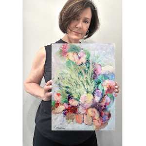 Flower Power Study 4 by Shirley Williams  Image: Artist Shirley Williams shown holding Flower Power 4 for scale