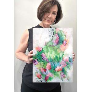 Flower Power Study 5 by Shirley Williams  Image: Artist Shirley Williams holding Flower Power Study 5 to show scale