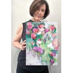 Flower Power Study 6 by Shirley Williams  Image: Artist Shirley Williams holding Flower Power 6 to show scale