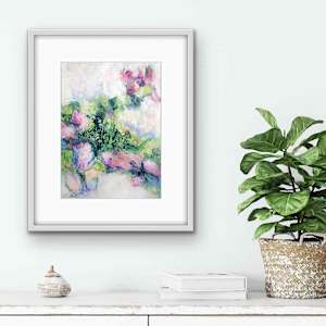 Flower Power Study 8 by Shirley Williams  Image: Flower Power Study 8 shown framed in white hanging over a table