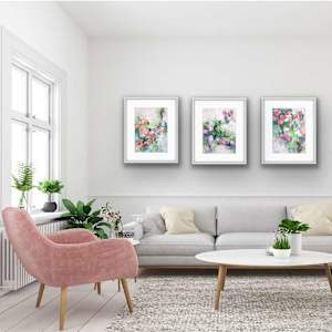 Flower Power Study 5 by Shirley Williams  Image: Three Flower Power studies shown framed and hung in living room as a triptych