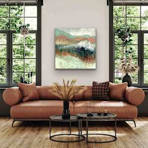 In the Distance by Shirley Williams  Image: In the Distance painting shown over a leather sofa