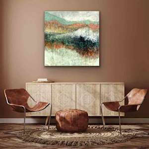 In the Distance by Shirley Williams  Image: In the Distance painting shown over a side table